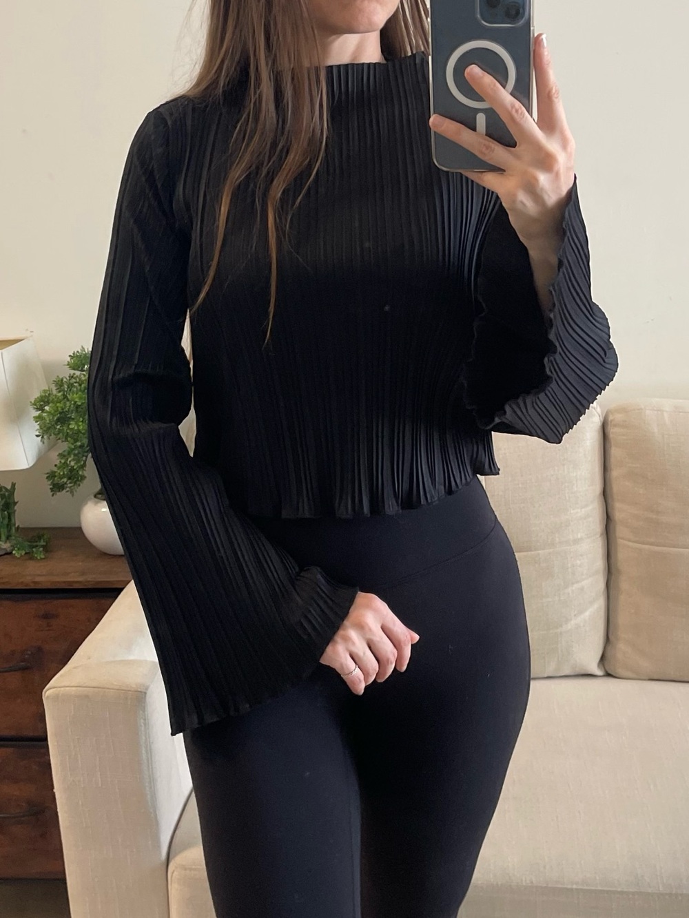 ASTR the Label Black Plissé Pleated Mock Neck Bell Sleeve Top S